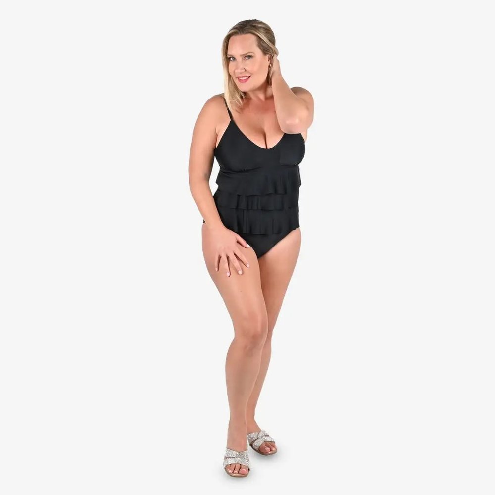NWT Womens Size Large NICOLE MILLER Black Triple Tier Tankini 2-Piece Swimsuit